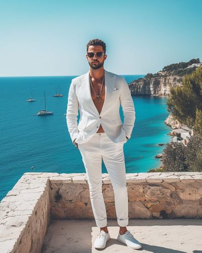 Coastal White Linen Suit with Open Collar